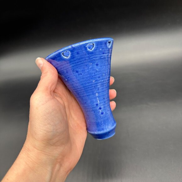 Art Pottery Wall Pocket Vase Blue Heart Cutouts Signed Handcrafted Hanging - Picture 11 of 11